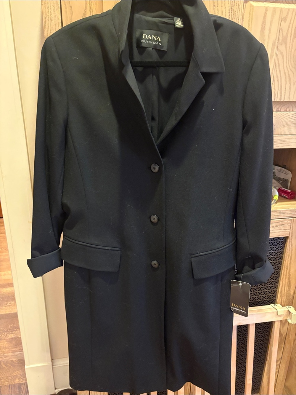 Dana Buchman Black Long Trench Coat with Notch Collar